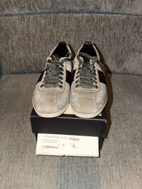 Gucci Silver Glitter Sneakers with Red and Blue Web Stripe